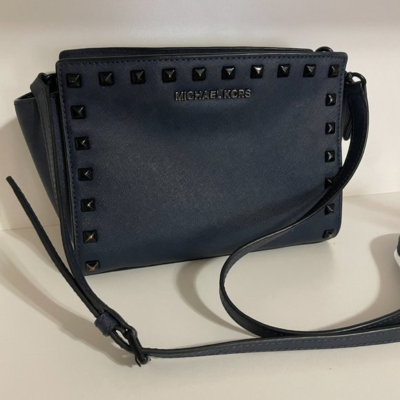 MICHAEL KORS Navy / Dark Blue Leather Studded Crossbody Bag Medium Sized - Picture 2 of 12